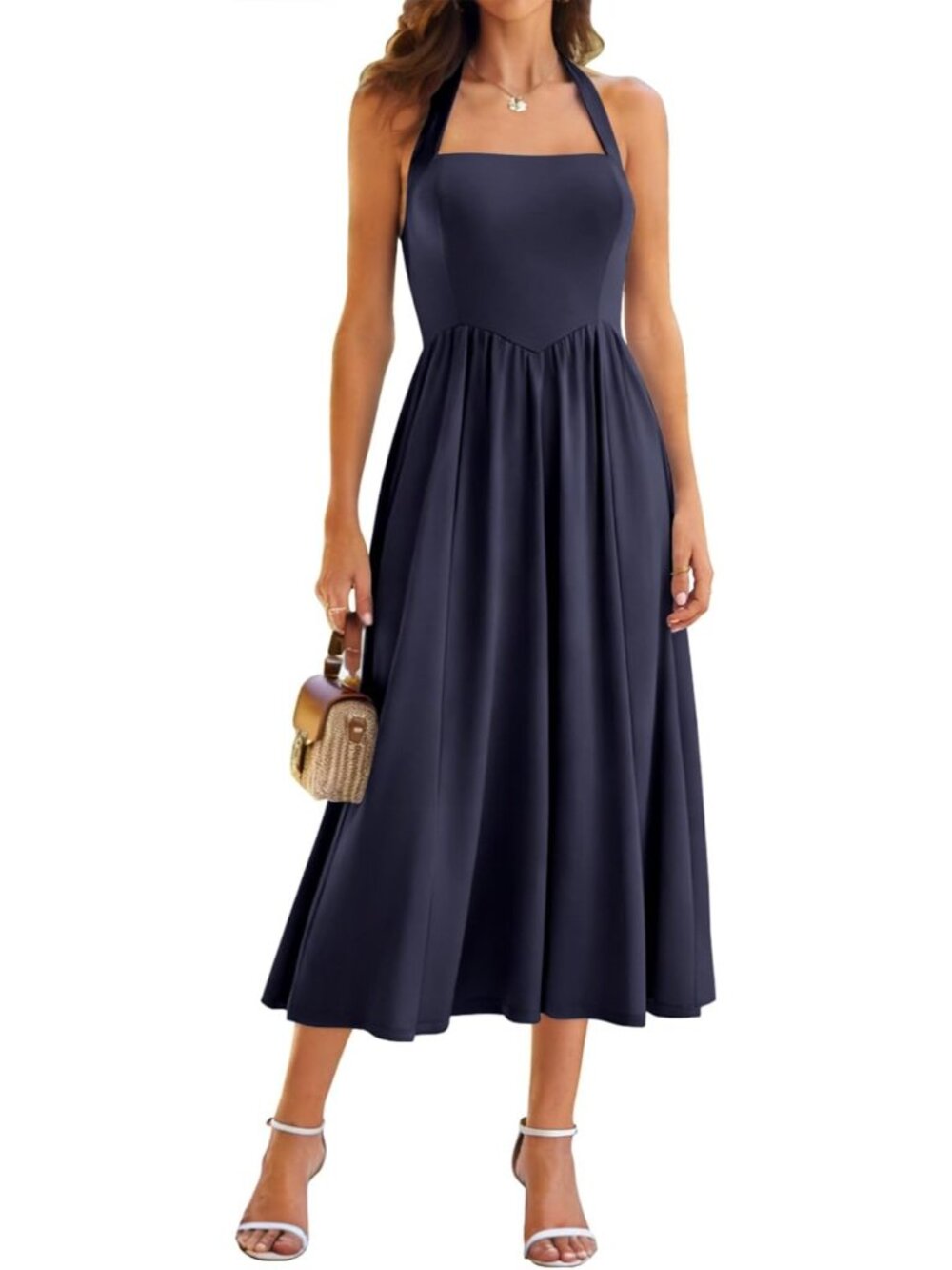 Women's Navy Blue Halter Sleeveless Drop Waist Corset Midi Dress Swing